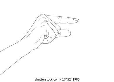 hand shows small size, index and thumb. Vector stock illustration eps 10. Outline