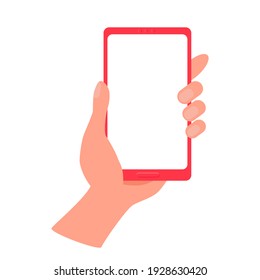 Hand shows smartphone with blank white display. Woman or man hold cell phone in arm. Presentation template for mobile application or service. Isolated flat design closeup. Vector EPS 10 illustration