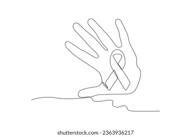 A hand shows a tape against violence. International day for the elimination of violence agains women one-line drawing