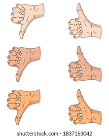 hand shows thumbs up. OK. right male hand. set of icons isolated on white background. Vector illustration
