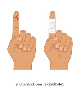 Eine Hand zeigt zwei Finger, einer mit einem blutenden Schnitt und der andere mit einem Verband, der Verletzungen und Pflege veranschaulicht.
