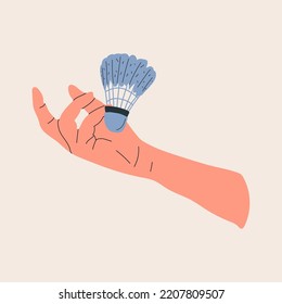 Hand  with shuttlecocks on white background. Equipments for badminton game sport. Vector illustration