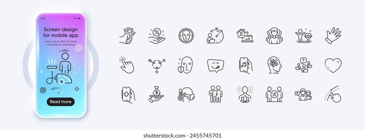 Hand, Sick man and Cleaning line icons for web app. Phone mockup gradient screen. Pack of Timer, Teamwork question, Face protection pictogram icons. Swipe up, Yoga balance, Group signs. Vector