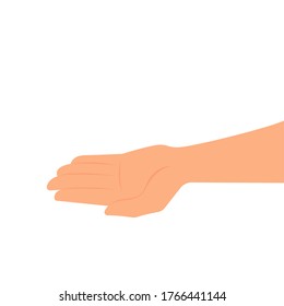 Hand, side view, palm up, isolated on a white background. Vector illustration, flat cartoon design, eps 10.