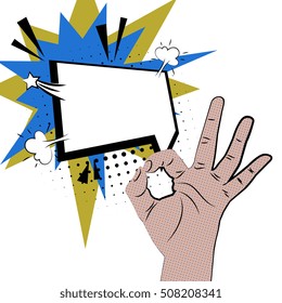 Hand sign comic text pop art style white bubble. Gestures okay. Cartoon comic vector colored speech bubble. Halftone hand drawn finger, ok sign. Like positive hand sign. Comics book background