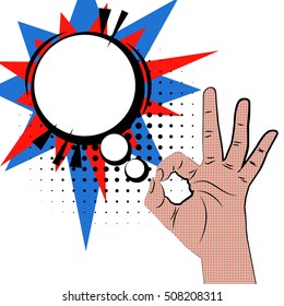 Hand sign comic text retro pop art style white round bubble. Gestures okay. Cartoon comic vector colored speech bubble. Dot hand drawn finger, ok sign. Like positive hand sign. Comics book background.