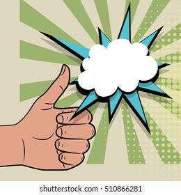 Hand sign comic text retro pop art style white round bubble. Gestures okay. Cartoon vector colored speech bubble. Halftone hand drawn finger, ok sign. Like positive hand signs Comics book