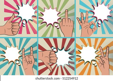 Hand sign comic text retro pop art style white round bubble. Gestures ok, rock, no, middle finger. Cartoon comic book vector colored speech bubble. Halftone background. Positive and negative hand sign