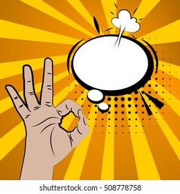Hand sign comics book text pop art style white circle bubble. Gestures okay. Cartoon comic vector colored speech bubble. Dot hand drawn finger, ok sign. Like positive hand sign background.