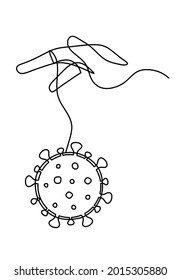 Hand with sign of corona virus as line drawing on the white background. Vector