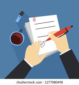 Hand sign document using pen. Paper contract. Signature on the agreement. Isolated flat vector illustration