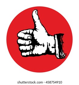 Hand sign drink on red circle. Vector engraved vintage illustration on white background.