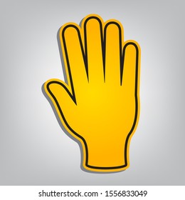 Hand sign. Flat orange icon with overlapping linear black icon with gray shadow at whitish background. Illustration.