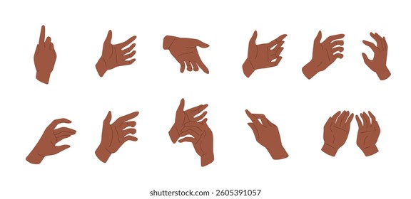 Hand sign gesture set. African American man pointing, grasping, holding, indicating with index finger. Palm grasp, different poses, tap, click, signal, and grip. Isolated on white background, showing