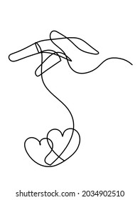 Hand with sign of heart as line drawing on the white background. Vector