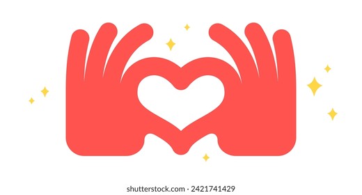 Hand sign Heart Love. Colorful Heart Love hands symbol gesture. Hands making sign shape heart by fingers. Greeting post card, poster, banner. Love emoji concept Valentine day. Vector Illustration