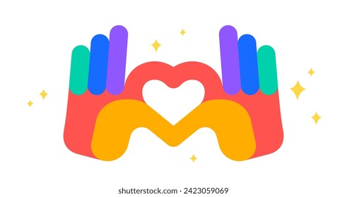 Hand sign Heart Love. Colorful Heart Love hands symbol gesture. Hands making sign shape heart by fingers. Greeting post card, poster, banner. Love emoji concept Valentine day. Vector Illustration