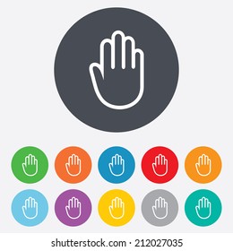 Hand sign icon. No Entry or stop symbol. Give me five. Round colourful 11 buttons. Vector