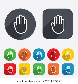 Hand sign icon. No Entry or stop symbol. Give me five. Circles and rounded squares 12 buttons. Vector