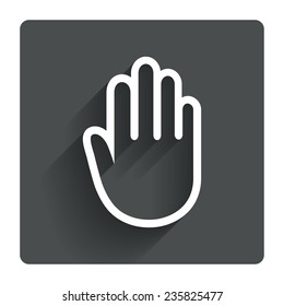 Hand sign icon. No Entry or stop symbol. Give me five. Gray flat square button with shadow. Modern UI website navigation. Vector