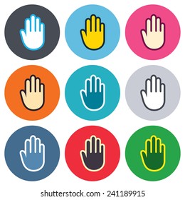 Hand sign icon. No Entry or stop symbol. Give me five. Colored round buttons. Flat design circle icons set. Vector