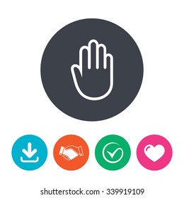 Hand sign icon. No Entry or stop symbol. Give me five. Download arrow, handshake, tick and heart. Flat circle buttons.