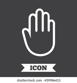 Hand sign icon. No Entry or stop symbol. Give me five. Graphic design element. Flat hand symbol on dark background. Vector