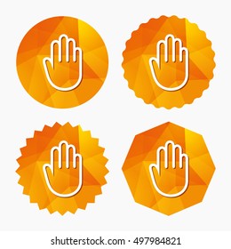 Hand sign icon. No Entry or stop symbol. Give me five. Triangular low poly buttons with flat icon. Vector