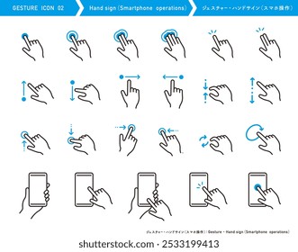 Handzeichen-Symbolsatz. Handgesten. Smartphone-Betrieb. Tippen oder wischen.