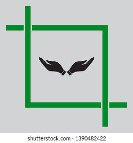 Hand sign illustration. Black icon inside green crop tool at light gray background