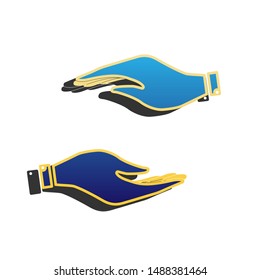 Hand sign illustration. Blue icon with gold contour with dark gray shadow at white background. Illustration.