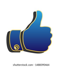 Hand sign illustration. Blue icon with gold contour with dark gray shadow at white background. Illustration.