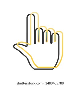 Hand sign illustration. Blue icon with gold contour with dark gray shadow at white background. Illustration.
