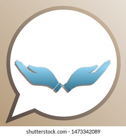 Hand sign illustration. Bright cerulean icon in white speech balloon at pale taupe background. Illustration.