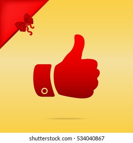 Hand sign illustration. Christmas design red icon on gold background.