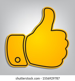 Hand sign illustration. Flat orange icon with overlapping linear black icon with gray shadow at whitish background. Illustration.