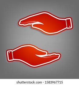 Hand sign illustration. Flat red icon with linear white icon with gray shadow at grayish background. Illustration.
