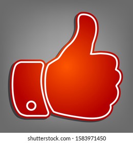 Hand sign illustration. Flat red icon with linear white icon with gray shadow at grayish background. Illustration.