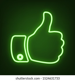 Hand sign illustration. Green neon icon in the dark. Blurred lightening. Illustration.