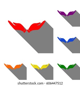Hand sign illustration. Set of red, orange, yellow, green, blue and violet icons at white background with flat shadow.