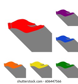 Hand sign illustration. Set of red, orange, yellow, green, blue and violet icons at white background with flat shadow.