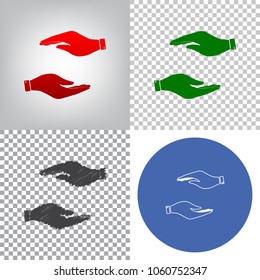 Hand sign illustration. Vector. 4 styles. Red gradient in radial lighted background, green flat and gray scribble icons on transparent and linear one in blue circle.