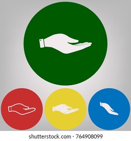 Hand sign illustration. Vector. 4 white styles of icon at 4 colored circles on light gray background.
