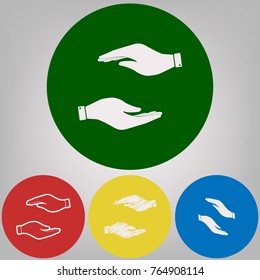 Hand sign illustration. Vector. 4 white styles of icon at 4 colored circles on light gray background.
