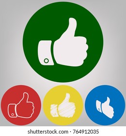 Hand sign illustration. Vector. 4 white styles of icon at 4 colored circles on light gray background.