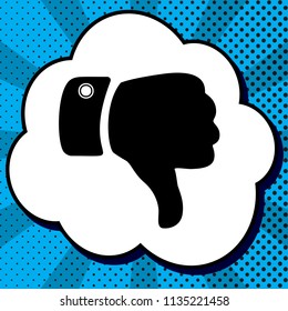 Hand sign illustration. Vector. Black icon in bubble on blue pop-art background with rays.