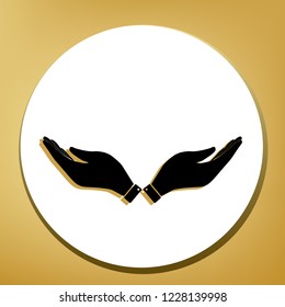 Hand sign illustration. Vector. Black icon with light brown shadow in white circle with shaped ring at golden background.