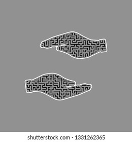 Hand sign illustration. Vector. Black maze filled icon with white border at gray background.