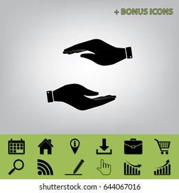 Hand sign illustration. Vector. Black icon at gray background with bonus icons at celery ones