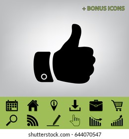 Hand sign illustration. Vector. Black icon at gray background with bonus icons at celery ones